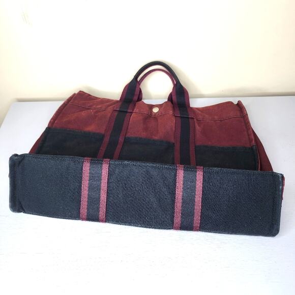 Hermes MM Fourre Canvas Tote Navy Blue and Burgundy Silver Hardware - Picture 6 of 16